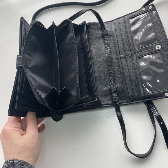 BRIGHTON Black Leather Organizer Wallet Crossbody Croc-embossed Elegant Western - Picture 5 of 15
